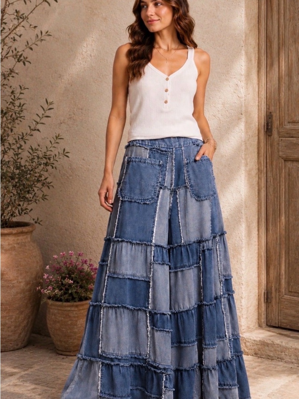 Patchwork Wide-Leg Denim Jumpsuit Skirt - Blue